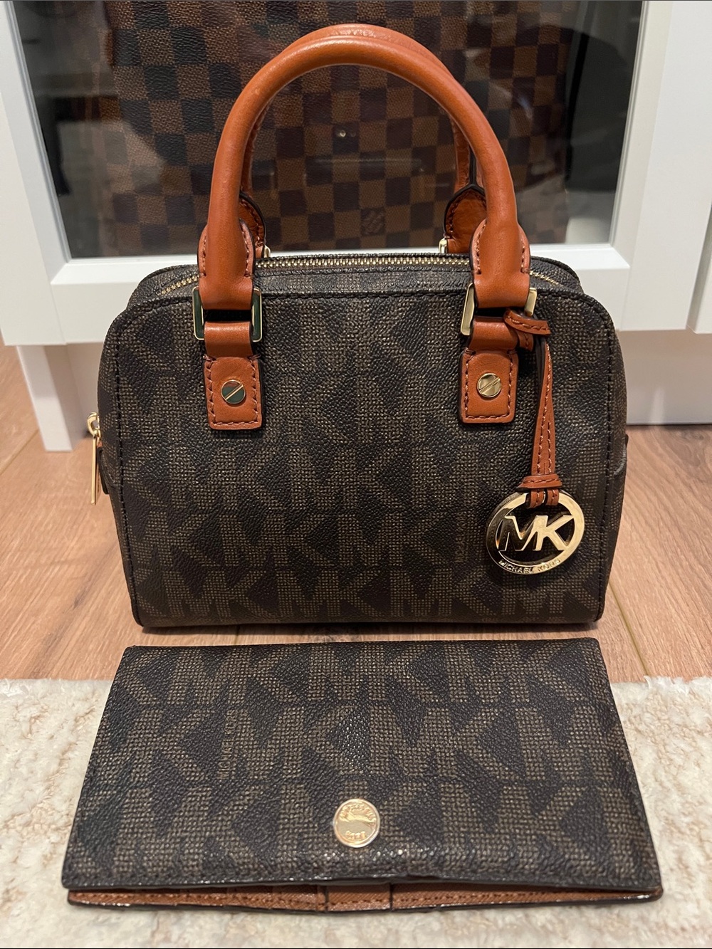 Michael Kors Brown and Tan MK Logo Dome Satchel with Wallet